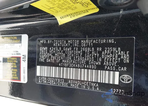 2011 Toyota Camry Le from USA, damaged, VIN 4T1BF3EK4BU744890